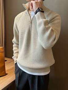 男士半拉链套头毛衣，舒适柔软亲肤弹力面料，黑色简约纹理，居家、旅行、商务皆宜，春、秋、冬三季男士毛衣。 - 米色 - 查看 3