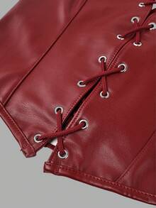 Yuwenier Y2K Punk Style Backless Lace-Up Tight Crop Top, Backless PU Leather Top, Concert - Burgundy - View 7