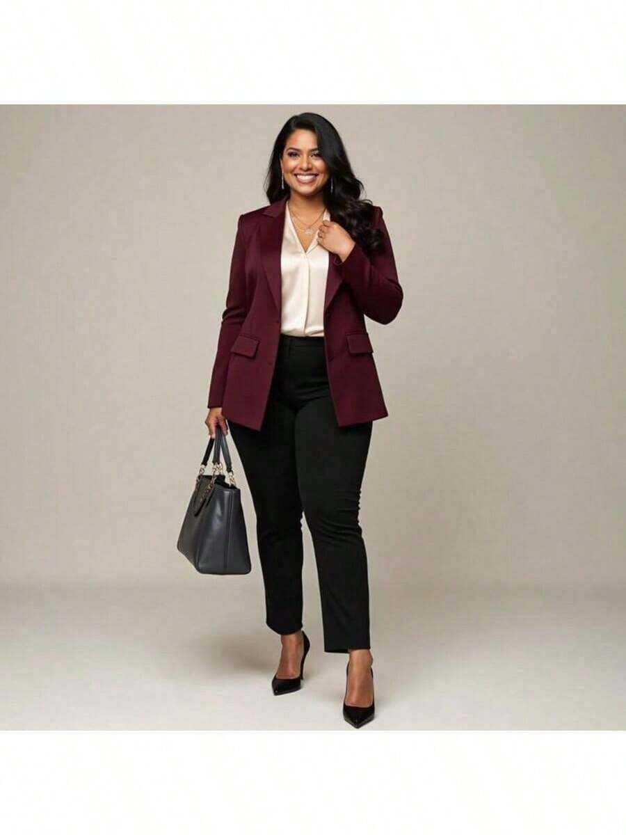 Women's Plus Size Tailored Blazer Elegant Office Autumn Winter Casual Social - 酒紅色 - 查看 1