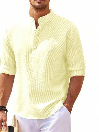 Men's Long Sleeve Henley Collar Shirt, Button Front, Lightweight Polyester Fabric, Striped & Plaid Design, Casual & Comfortable, Soft Fabric, Daily Wear, Fashionable & Breathable For Summer Beach Vacation, Rolled-Up Sleeves, Fashionable Menswear, Outdoor Casual Apparel, Classic Fit, Versatile & Lightweight Shirt, Men's Everyday Top