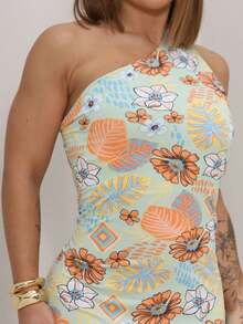 Long Printed One Shoulder Dress - Multicolored Light Green - View 5