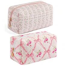 Makeup Bag Travel Cosmetic Bag For Women Girls, Zipper Make Up Pouch, Floral Flowers Toiletry Organizer Makeup, Portable Storage Bag, Cosmetic Travel Cloth Bag (Pink+Pink Bowknot){"Color_name":"TwoPack:(Pink+PinkBowknot)"} - 兩件裝:(粉紅色+粉紅色蝴蝶結) - 查看 1
