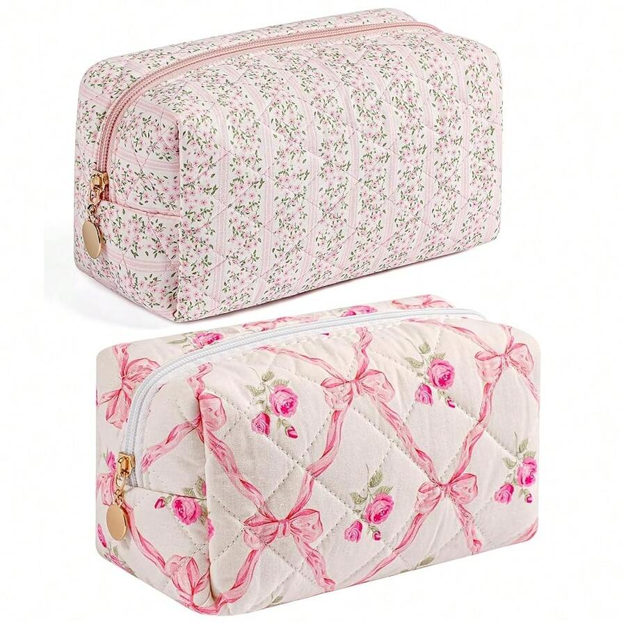 Makeup Bag Travel Cosmetic Bag For Women Girls, Zipper Make Up Pouch, Floral Flowers Toiletry Organizer Makeup, Portable Storage Bag, Cosmetic Travel Cloth Bag (Pink+Pink Bowknot){"Color_name":"TwoPack:(Pink+PinkBowknot)"} - 兩件裝:(粉紅色+粉紅色蝴蝶結) - 查看 1