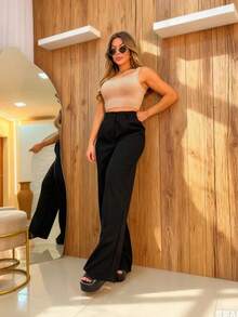 Women's Tailored Wide-Leg Pants With One Button And Open Zipper - màu đen - Xem 2