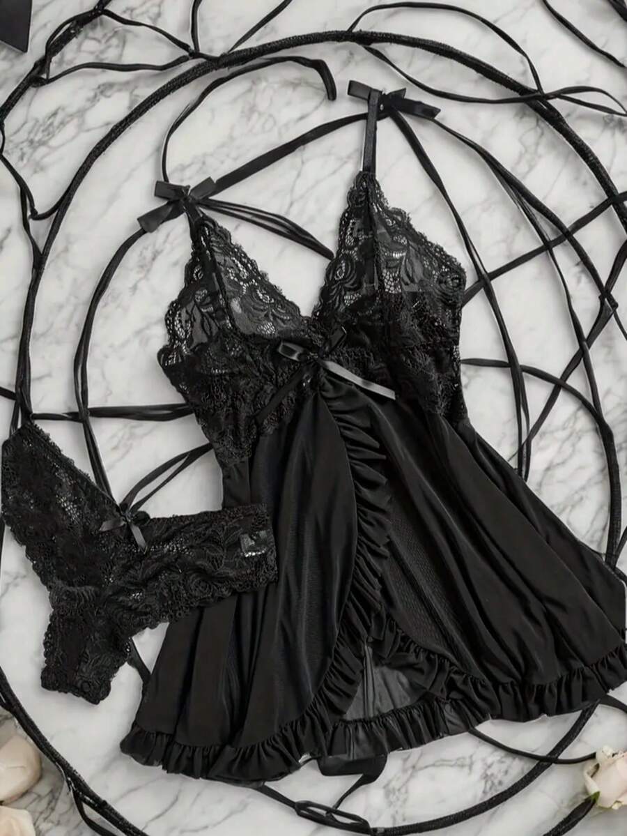 Plain    Ruffle  Sheer  Ruffle Hem - màu đen - Xem 1