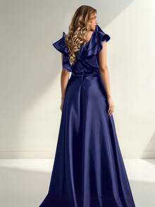 Grife Velasco Long Elegant Plain Prom Dress With Slit And Ruffle Sleeves - Navy Blue - View 4