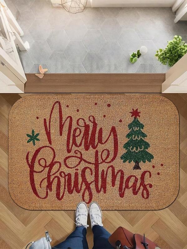 Fröhlicher Weihnachtsbaum geometrisches Muster rutschfeste Badematte, maschinenwaschbar geflochtene Polyester Willkommens-Fußmatte für Badezimmer, Schlafzimmer, Küche, Waschraum - mittellanger Haufen rechteckige Feiertags-Türmatte