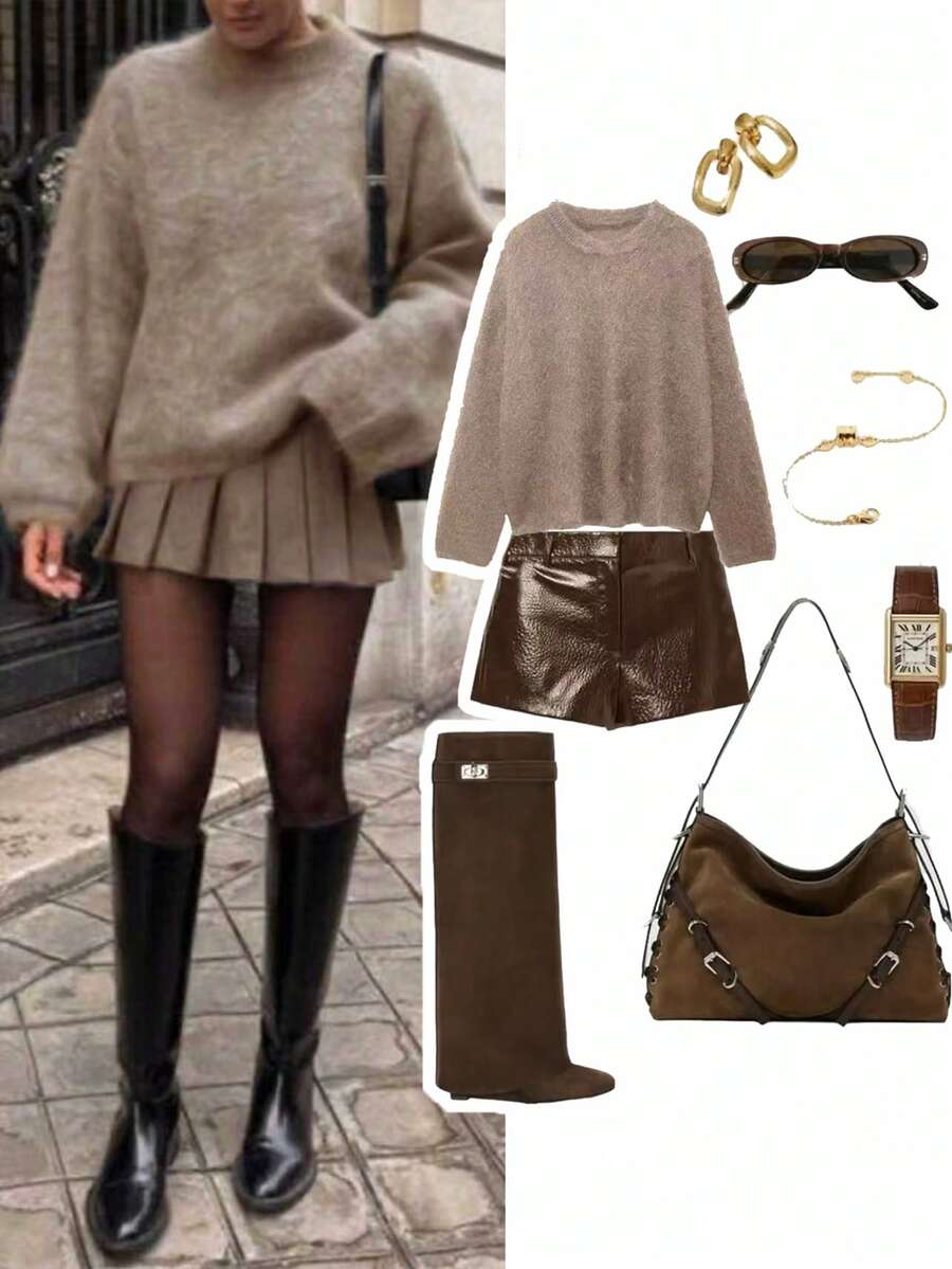 Women's Elegant Solid Color Casual Minimalist Dropped Shoulder Round Neck Loose Mohair-Like Sweater, Going Out Tops For Women, Brown Top, Women's Winter Sweater