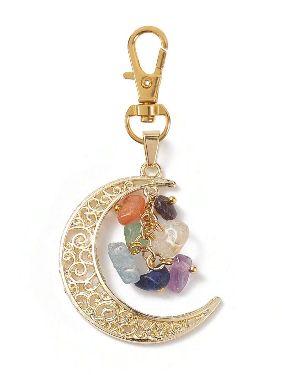 1 件优雅休闲锌合金天然不对称水晶钥匙扣月亮合金吊坠青金石紫水晶饰品 - 金色 - 查看 1