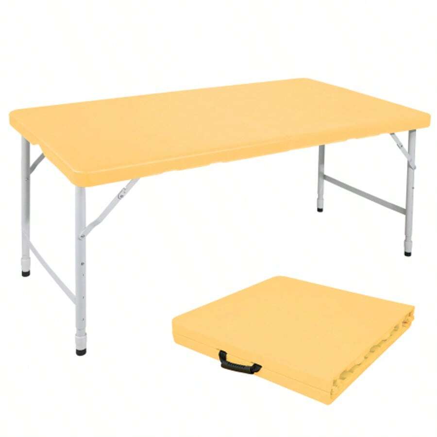 125cm Portable Heavy Duty Folding Table With Handle, Adjustable Height Foldable Table, Multi-Functional Fold Up Table For Camping Picnic Parties Indoor/Outdoor, Capacity Weight 135KG (Light Yellow)