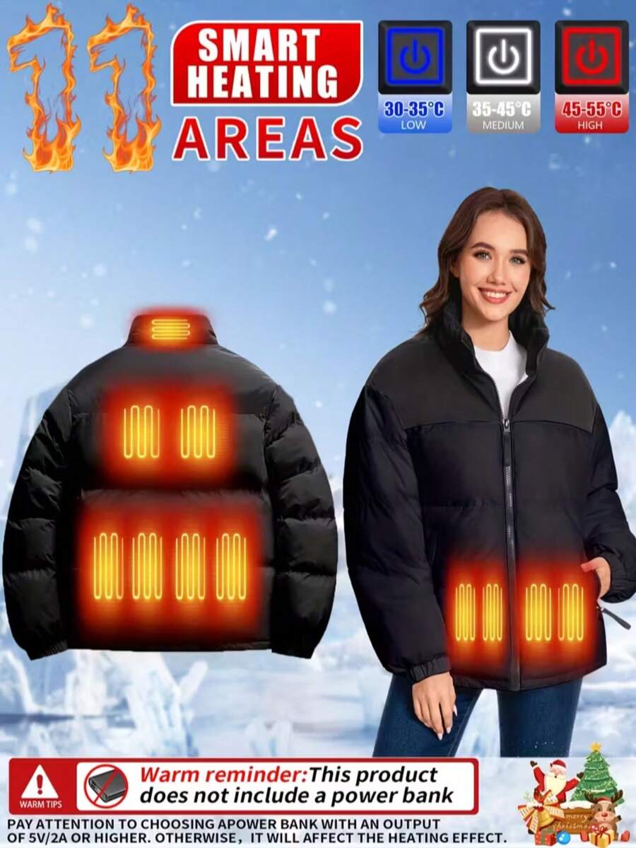 1 pieza Abrigo acolchado con control de temperatura inteligente de 3 niveles, 11 zonas de calefacción, con capucha de color contrastante, adecuado para esquí al aire libre y caminatas casuales, ajuste holgado y ligero y cómodo, regalo perfecto para Navidad, Año Nuevo, salvador de calor en invierno (excluye el banco de energía)