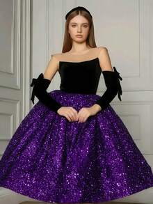 2 件套青少年女孩优雅无袖亮片褶皱长裙，带蝴蝶结袖口，适合婚礼、舞会、派对、生日、圣诞节、秋冬 - 彩色 - 查看 3