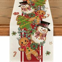1 peça de caminho de mesa de Natal fofo em formato de boneco de neve de gengibre, decoração sazonal para árvore de inverno, adequado para decoração de mesa de jantar de cozinha para reuniões familiares, tamanho 33 x 277 cm