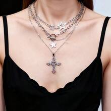 Set de 3 collares con colgantes de corazón, estrella y cruz con strass en color rosa, estilo dulce y elegante gótico con adornos de strass, adecuado para uso diario, fiestas, reuniones y regalos para amigos