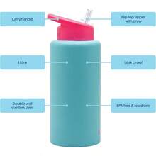 Reusable 1 Litre Stainless Steel Double Wall Water Bottle With Flip Top Lid And Straw Pink Blue