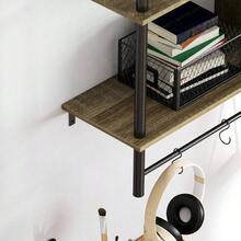 Floating Shelves, 104CM Wall Mounted Ladder Shelf With 4 Hooks, Rustic Hanging Display Shelf Living Room, Entryway, Kitchen, Rustic Brown - Grey Wood Effect - View 10