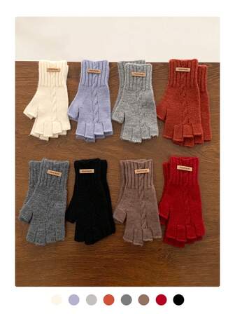 Nya stickade kabelhandskar med halvfinger för kvinnor, vintermode utomhus varma vindtäta pekskärmsvantar, höst/vinter enfärgade stickade fingerlösa handskar med handledsvärmare Thanksgiving jul vintersemester outfit kvinnor + vinterutrustning + handskar björn + jul