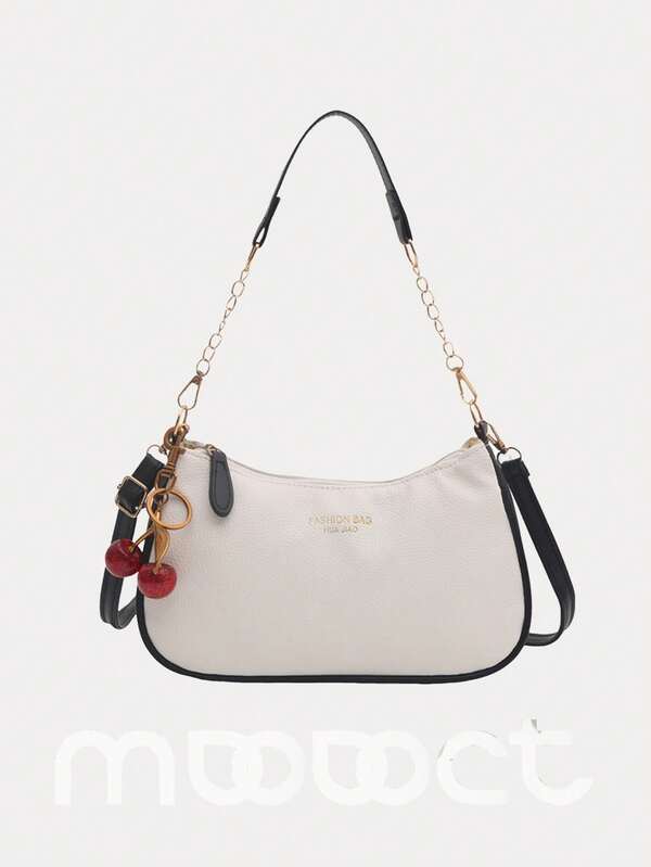 1 pieza Bolso de hombro de piel de PU de color contrastante MDODO, bolso de mano minimalista y versátil para mujer, correa ajustable, cierre con cremallera, adecuado para oficina, escuela, trabajo, negocios, viajes, picnic (se vende con colgante de cereza)