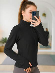 女士抓绒拉链外套，带拇指孔 - 修身立领长袖外套，适合跑步、通勤、滑雪和寒冷天气户外训练，保暖舒适，设计灵活，冬季滑雪必备 - 黑色 - 查看 4