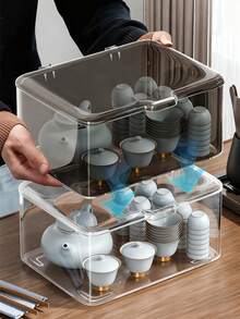 1pc Transparent Tea Set Storage Box, Covered With Dust-Proof And Insect Proof Acrylic Large Capacity Storage Box, Suitable For Home Kitchen And Living Room Storage Of Tea Bowls, Stackable Desktop Storage Box, Suitable For Home, Tea House, Beverage Shop, Christmas And Halloween, Home Storage Decoration Box