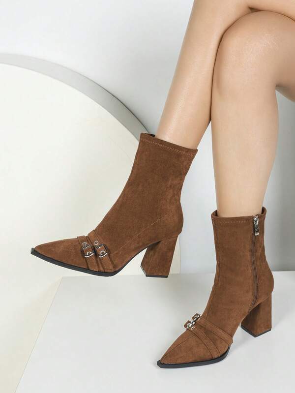 Retro Brown Pointed Leather Belt Buckle Thick Heel Elastic Autumn And Winter New Fashion Slim Boot Women's Short Boot, Commute, Office