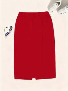Gem Rose Solid High Waisted Pencil Skirt - Red - View 5