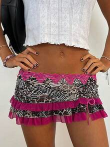 Women Mini Short Skirt Low Waisted Leopard Print Ruffle Lace Edge Fashion Short Skirt - Purple - View 5