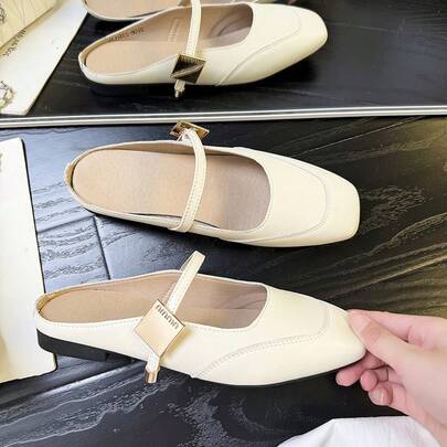 纯色学院风扣环办公室新款百搭时尚一脚蹬皮革休闲派对鞋，轻便简约舒适