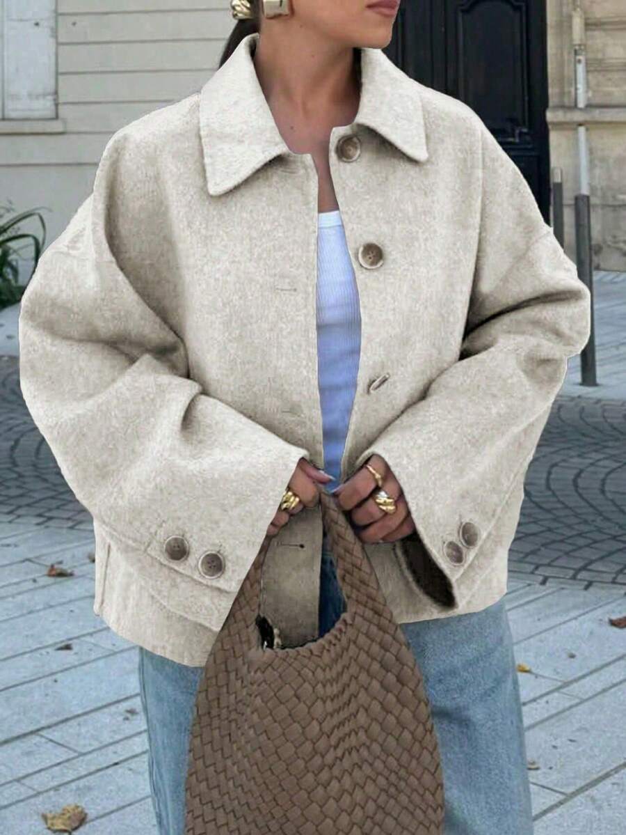 女士时尚休闲法式单排扣短款宽松领羊毛大衣 - 米色 - 查看 1