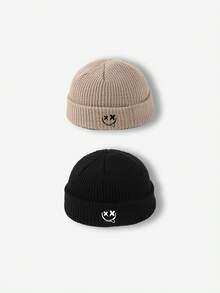 1 pieza Gorro de punto de unicolor con bordado de cara de fantasma versátil, adecuado para mantener el calor en otoño/invierno y uso diario de ropa de invierno para hombres - cara sonriente divertida - Ver 30
