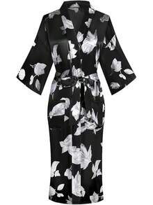 DandyChic Women's Long Floral Satin Robes Imitation Silk Sleepwear Bridal Dressing Gown For Bridesmaid Nightgownhalloween - 黑色/葉 - 查看 10