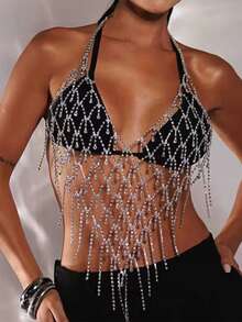 1 pezzo Catena per il corpo in cristallo traforata stile bohémien, gioiello sexy per bikini, catena per il petto da donna