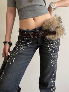 1pc Women's Coffee Color PU Leather Punk Style Double Row Rivet Decor Belt, Versatile Waist Band - Coffee - View 2