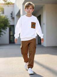 2pcs/Set Boys' Spring/Autumn Round Neck Sweatshirt And Casual Pocket Pants Set, White Solid Color Top With Sleeve, Sporty Bottoms, Fashion Outfit For Teenage Boys