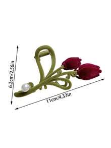 1 pieza Elegante pinza para el cabello con tulipán de terciopelo rojo y perla falsa, accesorio de cabello de flor grande de alta gama, adecuado para cabello fino a grueso, accesorio de cabello de invierno para mujer para atuendos de vacaciones