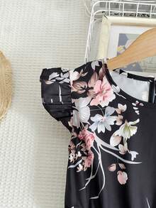 Girls' Retro Elegant Lotus Sleeve Midi Dress + Belt, Graceful Pleated Princess Dress, Suitable As A Gift - Black - View 3