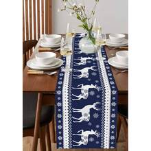 1pc Christmas Reindeer Table Runner, Vintage Navy Blue Snowflake Winter Kitchen Table Cloth, Winter Kitchen Dining Table Decor, Suitable For Party Or Holiday Use