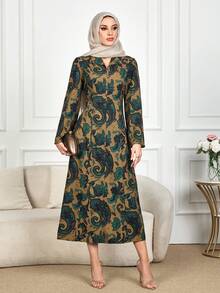 Elegant Paisley Print Long Arabian Dress For Women, Featuring Collar, Long Regular Sleeves, And Mock Buttons, Perfect For Fall Spring - Green - View 5