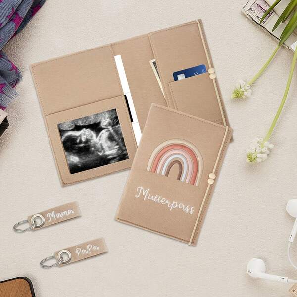 Woll-Ultraschallbild & Ausweishalter - leichte Kordelzugbeutel mit Schlüsselband, süßes Geschenk für schwangere Frauen und frischgebackene Mütter, beige Aufbewahrungstasche für Impfausweise, Geburtsurkunden und tägliche Wege