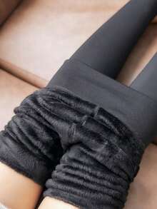 1 Pair Women's Solid Color Fleece Tights, Elastic Slim Fit Thermal Tights For Spring, Autumn & Winter, Cozy - Black - View 16