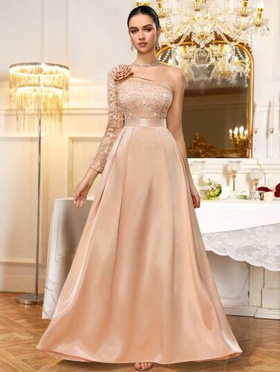 MIUSOL Đầm maxi dự tiệc dạ hội, đầm dạ hội sang trọng, cổ lệch vai, đính hoa 3D, ren hoa, viền bèo nhún, thích hợp cho khách dự đám cưới, lễ tốt nghiệp, tiệc gala và các dịp khác.