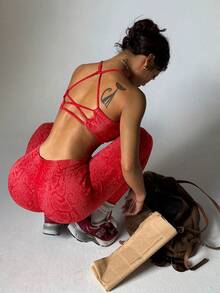 Slayoga 1件装女士无缝性感蛇纹露背高弹力带健身运动体操舞蹈跑步瑜伽运动套装 - 紅色 - 查看 7