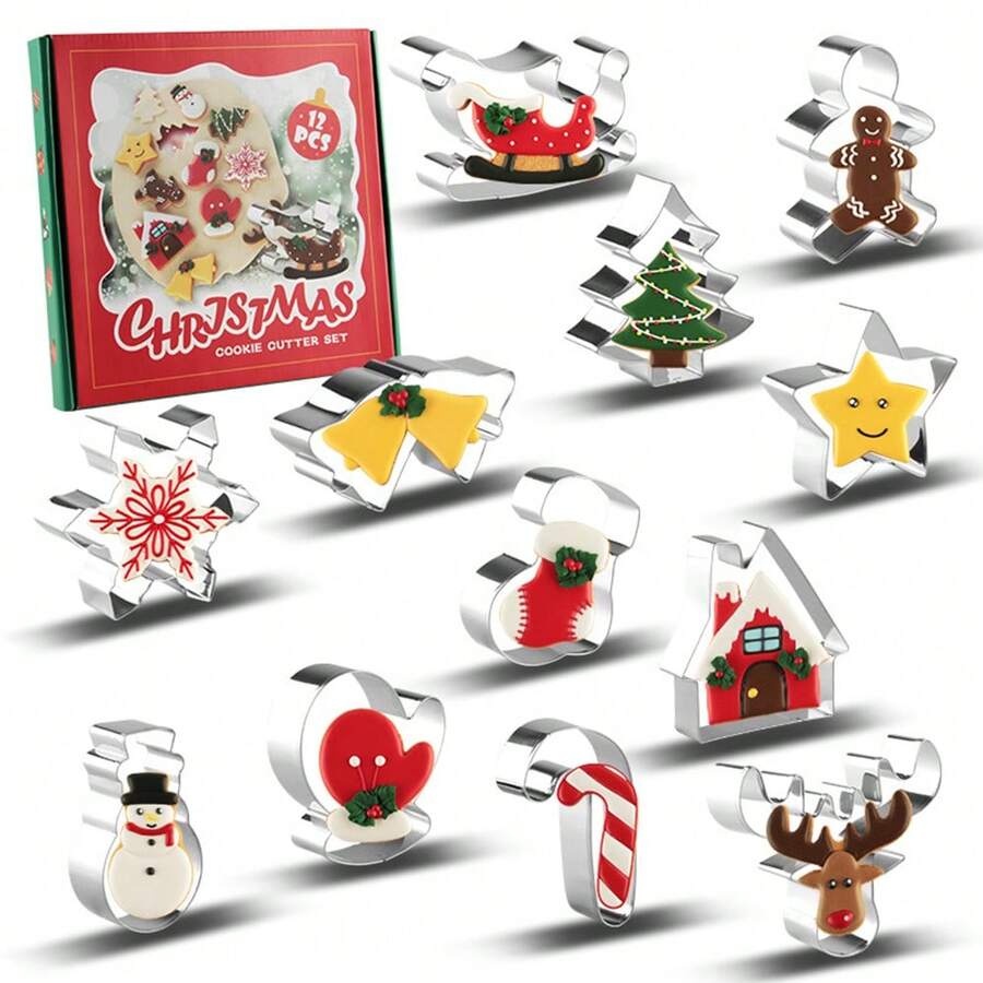 12pcs Christmas Cookie Cutter Set - Snowman, Christmas Tree, Gingerbread Man, Candy Cane, Snowflake, Sleigh, Stocking, Bell, Reindeer, Star, Suitable For Winter Holiday DIY Baking