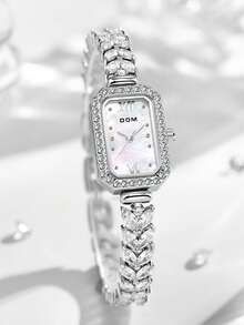 DOM Reloj de pulsera de cuarzo con esfera cuadrada plateada para mujeres, adornado con cristales, resistente al agua - Multicolor - Ver 10