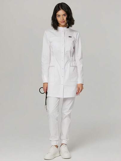 cimmuovere Women's Long Sleeve Open Front Round Neck Elastic Waist Fitted Scrubs Nurse Scrubs Workwear Dentist Healthcare Pet Hospital Laboratory Coat