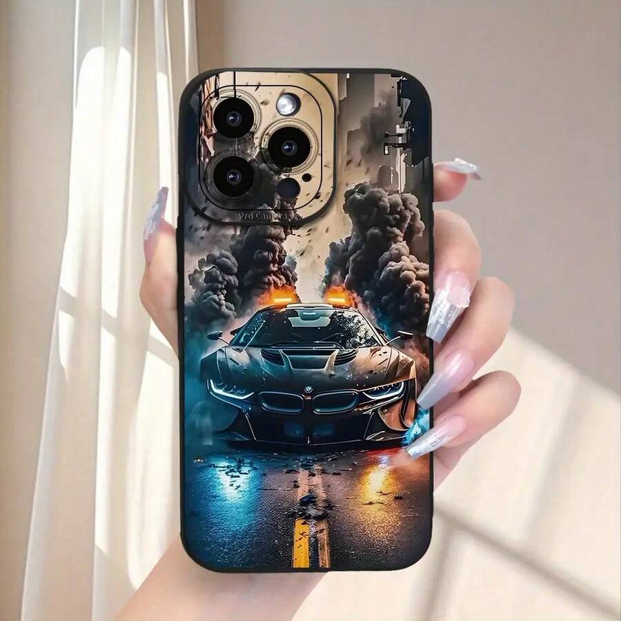 Funda de Teléfono con Patrón de Escena de Explosión de Coche Deportivo Genial, Diseño Nuevo y de Alta Gama, Funda de Teléfono Resistente a los Golpes, Adecuada para iPhone 16 15 14 13 12 11 XR XS Xsmax SE 8 7 Pro Plus Max Mini Series, Puede Ser un Regalo para Novio o Novia - Colores mixtos - Ver 1