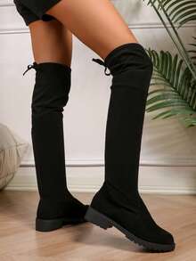 The Stylish Mid-Heeled Over-The-Knee Boots Are Designed For Teen Girls With Elastic And Decorative Lace-Up Elements, All-In-One Boots