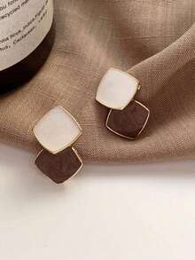 HOTNICE 2pcs Elegant Minimalist Color-Block Design Earrings For Women, Suitable For Daily Wear And Parties - Coffee - View 2