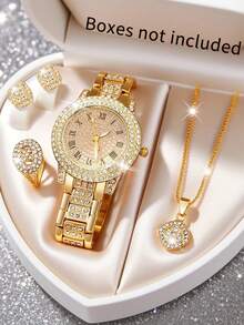 5 Stück elegantes Quarz-Uhren-Set für Frauen, Zifferblatt mit römischer Skala aus Legierung, mit Halsketten, Ringen, Ohrringen, Armbändern usw., Geschenk für Mütter, luxuriöser und bequemer Armband, klassisches rundes Zifferblatt, geeignet für Feste, Partys, Hochzeiten und den täglichen Gebrauch, ist das beste Geschenk für Frauen, ohne Verpackungsbox.