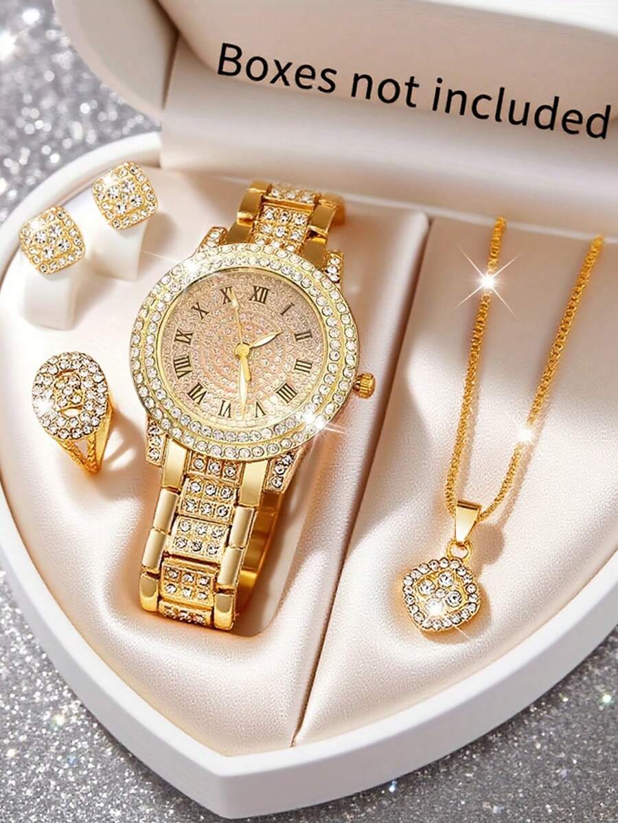 5 Stück elegantes Quarz-Uhren-Set für Frauen, Zifferblatt mit römischer Skala aus Legierung, mit Halsketten, Ringen, Ohrringen, Armbändern usw., Geschenk für Mütter, luxuriöser und bequemer Armband, klassisches rundes Zifferblatt, geeignet für Feste, Partys, Hochzeiten und den täglichen Gebrauch, ist das beste Geschenk für Frauen, ohne Verpackungsbox.